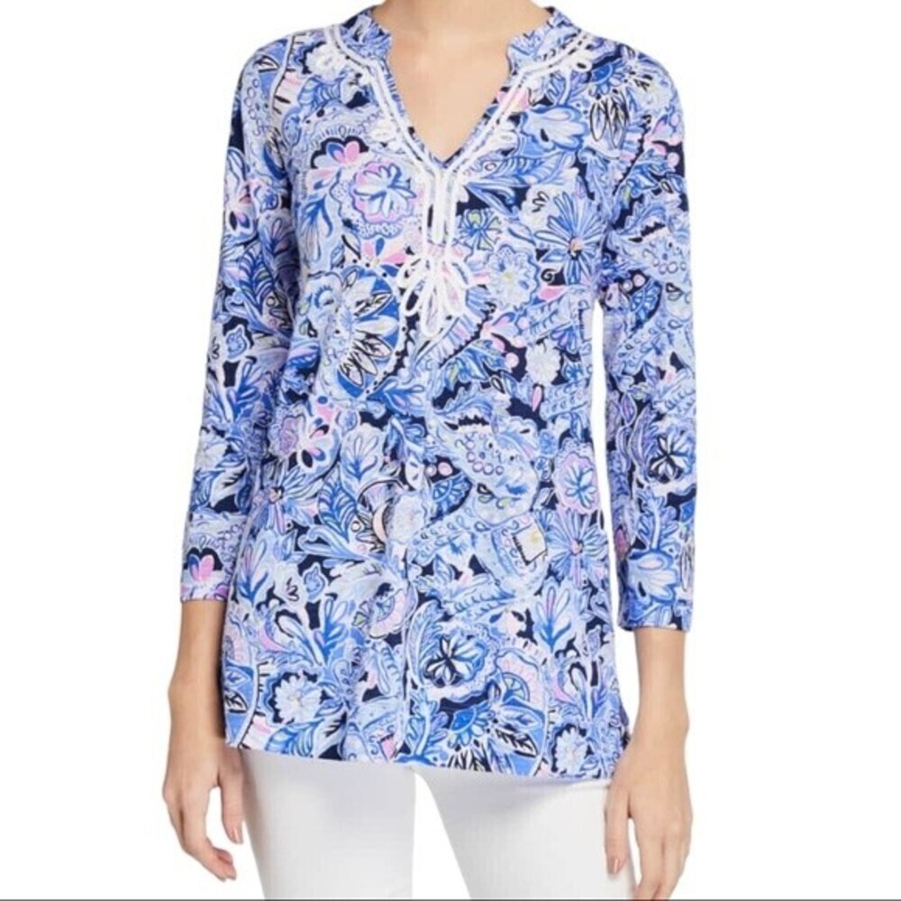 Lilly Pulitzer womens top Kaia V-neck tunic blue purple print beach Sz XS